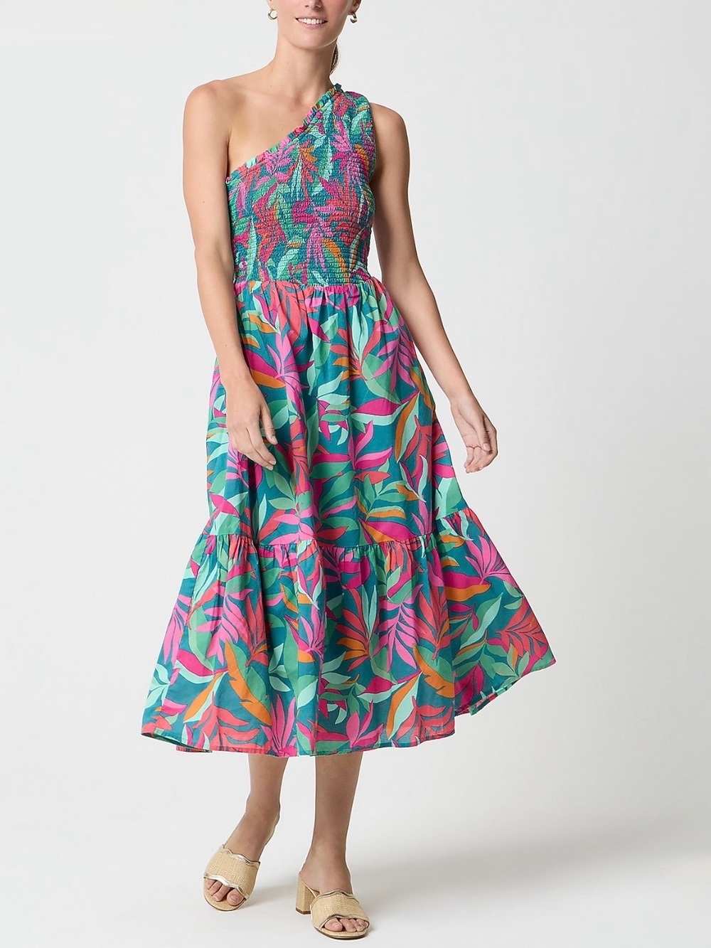 J. Crew Factory One-Shoulder Tropical Midi Dress in Teal, Pink and Orange